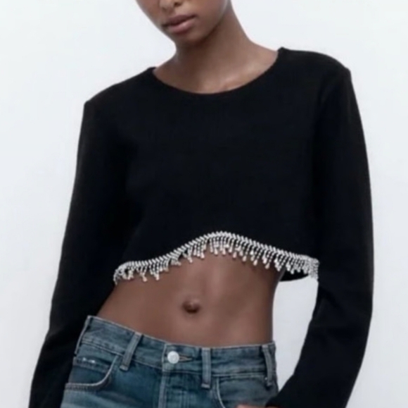 Zara Tops - Zara Black Rhinestone Hem Cropped Blouse SizeSmall